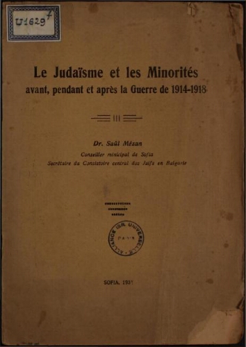 Le Judaïsme et les minorités avant, pendant et après la guerre de 1914-1918